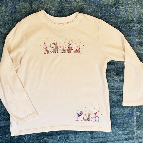 White Stag SZ L Holiday Embroidered Snow HoHo Tee Party Long Sleeve Winter Top - Picture 5 of 9